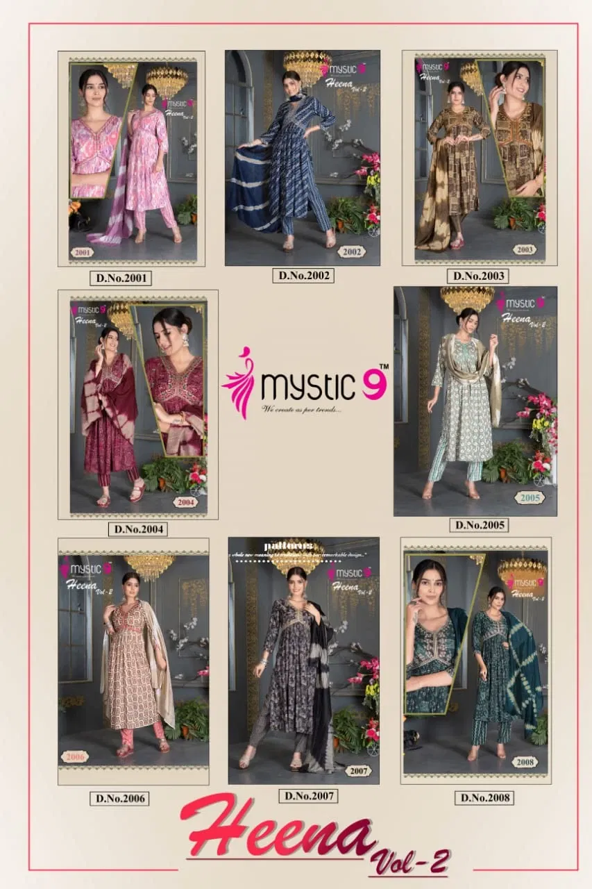 Heena Vol 2 By Mystic 9 Rayon Printed Embroidery Kurti With Bottom Dupatta Wholesale Shop In Surat